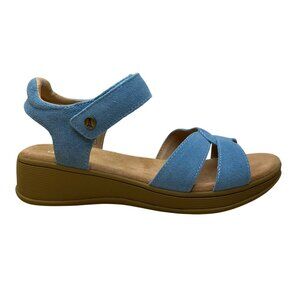 Lands End Women’s Blue Faux Suede Open-Toe Adjustable Strap Wedge Sandals Sz 7B